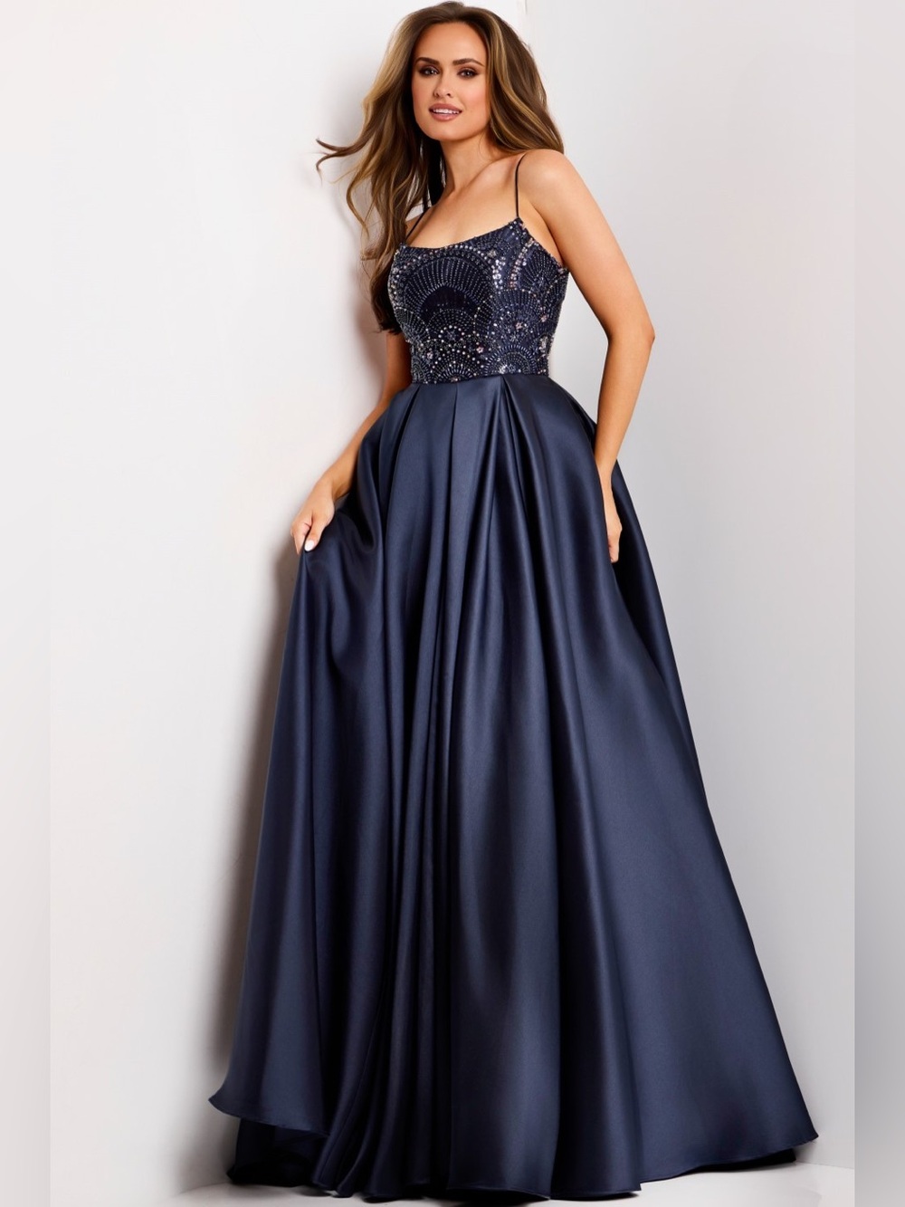 Jovani Black Sleeveless A-Line with Embellished Bodice Beaded Satin Maxi Gown
